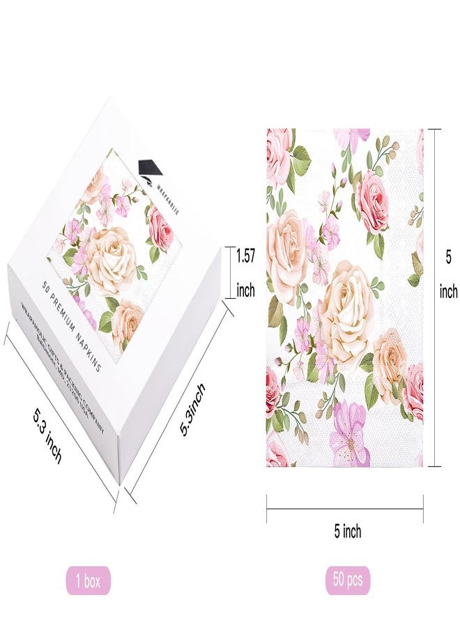 WRAPAHOLIC 50Pcs Pink Floral Cocktail Napkins - 3-Ply Pink Rose and Blossom Disposable Paper Napkins for Wedding Party Tableware Party Supplies - 5 x 5 In - Image 3